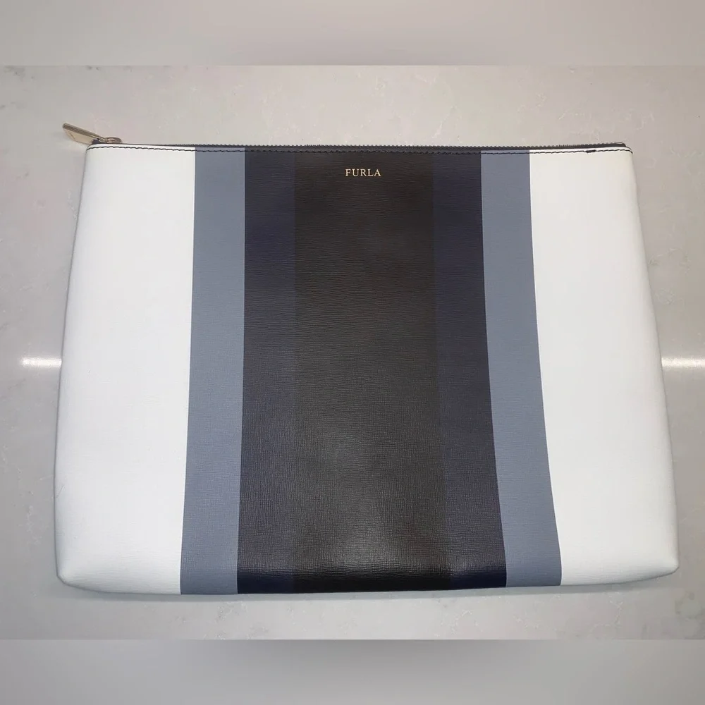 NWOT Furla Nautical Navy White Striped Leather Envelope Pouch Snaps - Picture 1 of 8